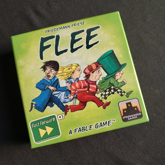 Image shows the front cover of the box of the Fast Forward: FLEE card game