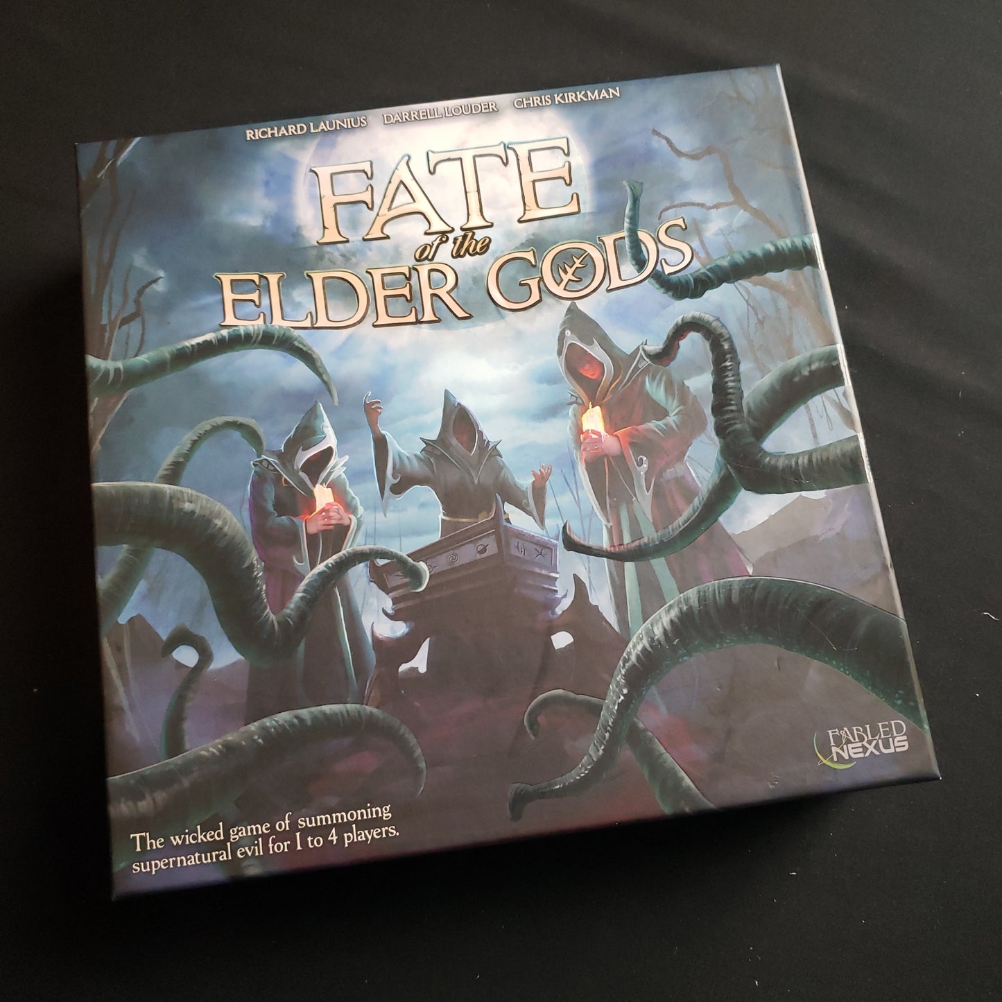 Image shows the front cover of the box of the Fate of the Elder Gods board game