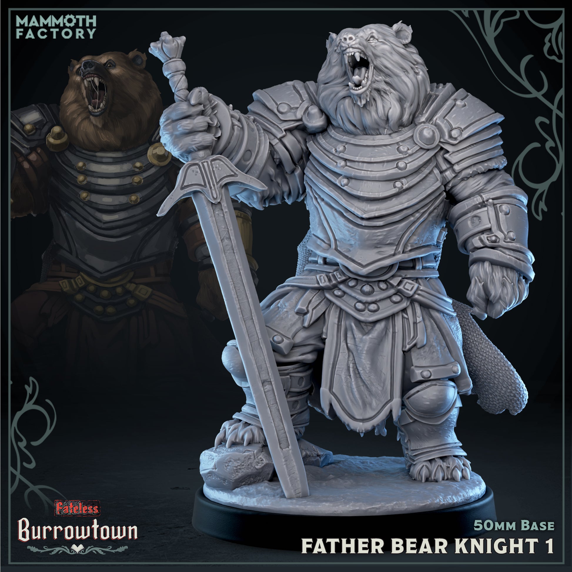 Image shows a 3D render of a bearfolk knight gaming miniature.