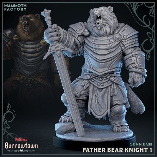 Image shows a 3D render of a bearfolk knight gaming miniature.