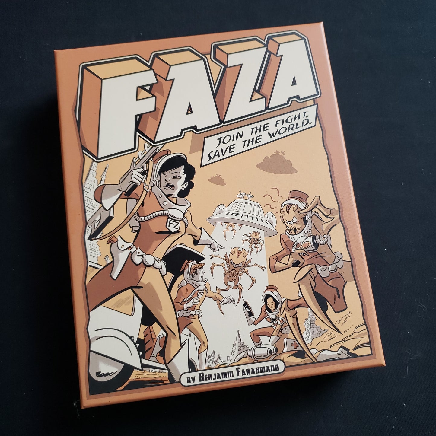 Image shows the front cover of the box of the Faza board game