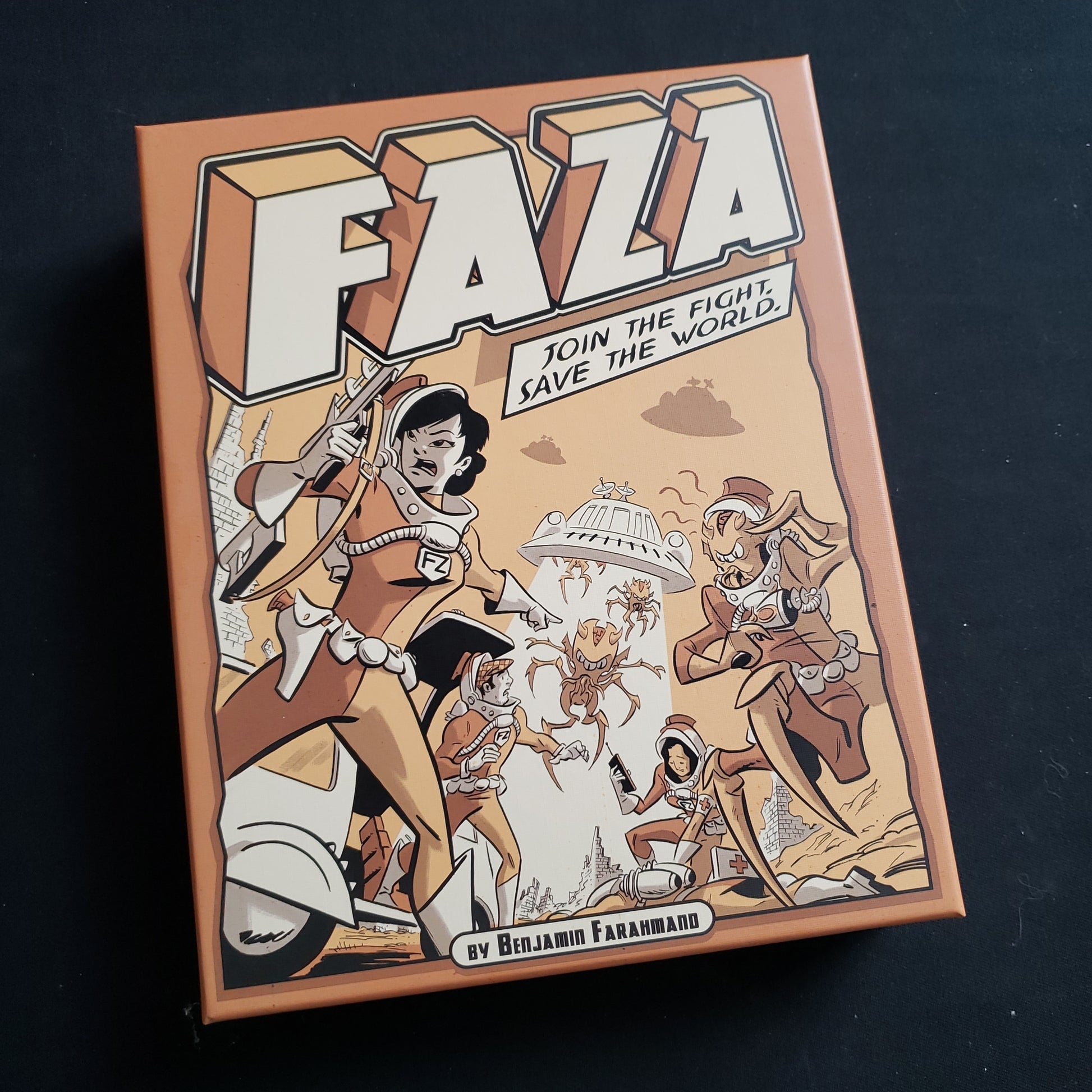 Image shows the front cover of the box of the Faza board game