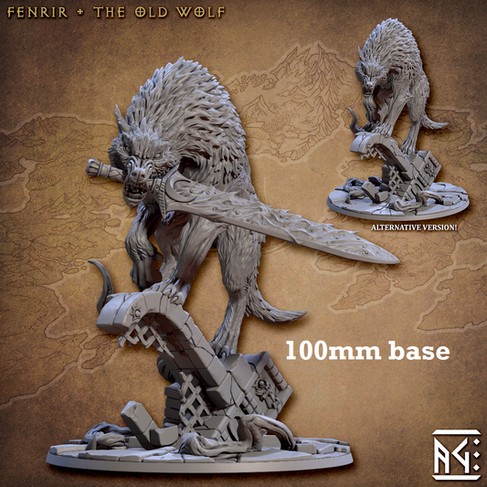 Image shows 3D renders for two different sculpt options of a giant wolf gaming miniature