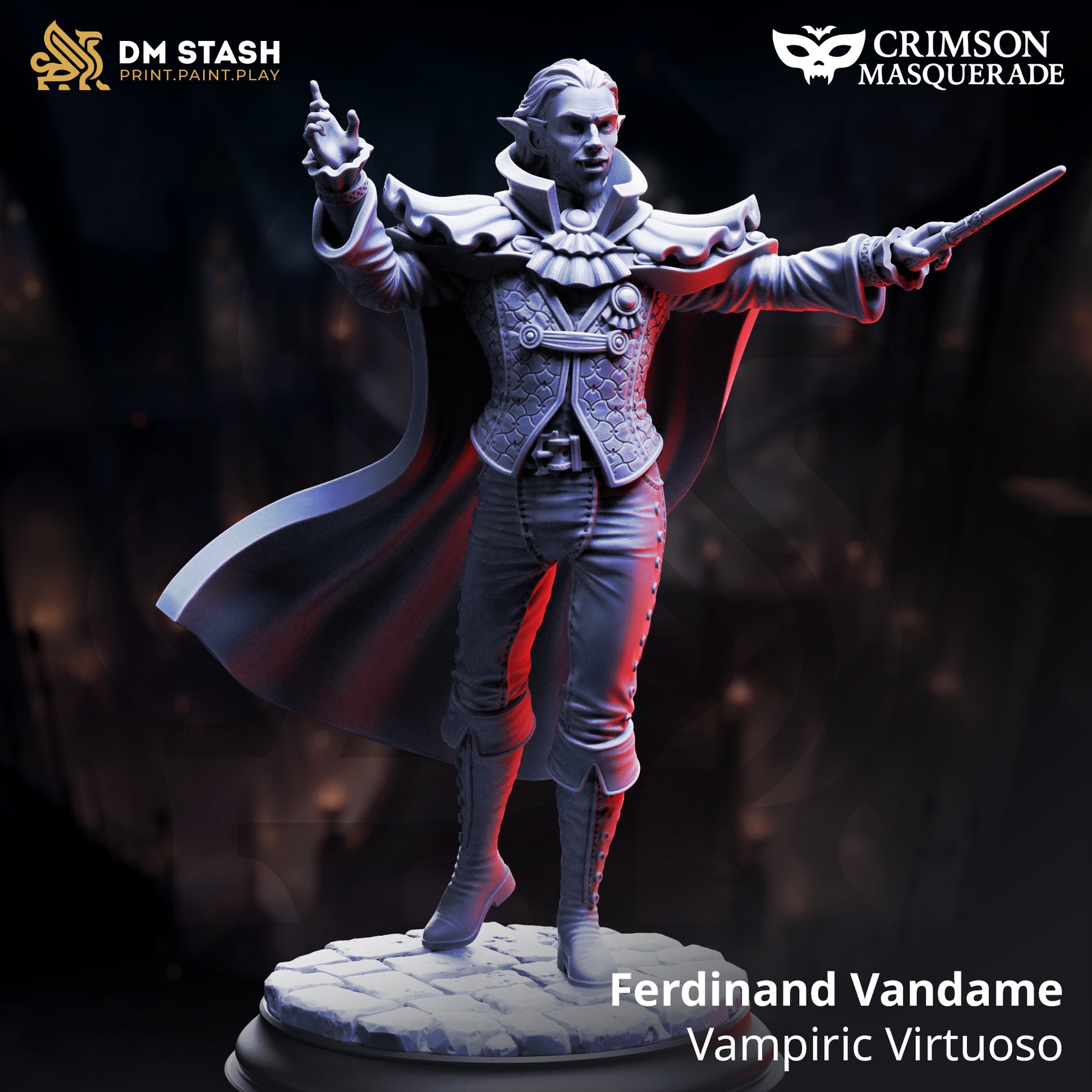 Image shows a 3D render of a vampire conductor gaming miniature.