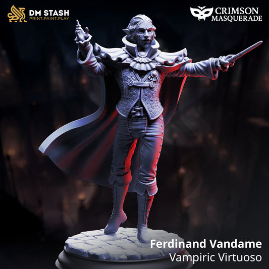 Image shows a 3D render of a masked vampire conductor gaming miniature.