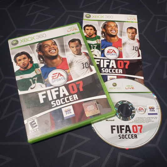 Image shows the case, manual and disc for the video game FIFA Soccer 07 for Xbox 360