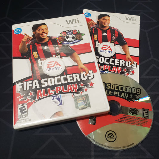 Image shows the case, manual and disc for the video game FIFA Soccer 09 All-Play for Nintendo Wii
