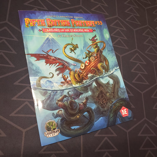 Image shows the front cover of the Fifth Edition Fantasy #33: Sailors on the Starless Sea roleplaying game book