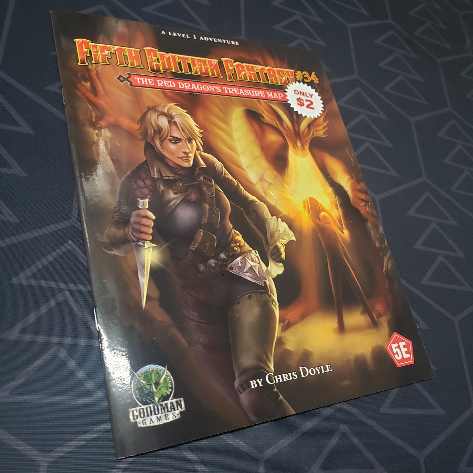 Image shows the front cover of the Fifth Edition Fantasy #34: The Red Dragon's Treasure Map roleplaying game book