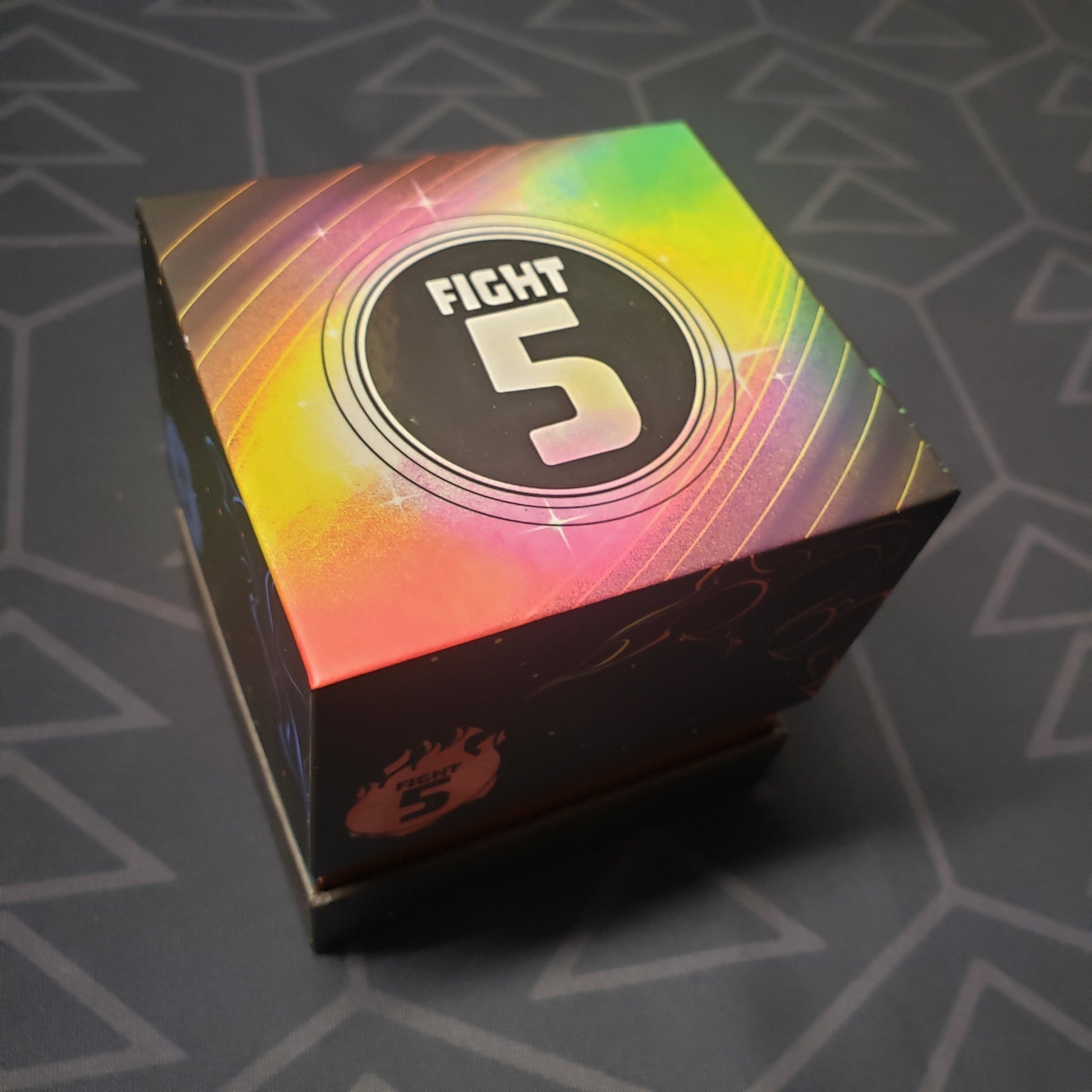 Image shows the front cover of the box for the Fight 5 card game