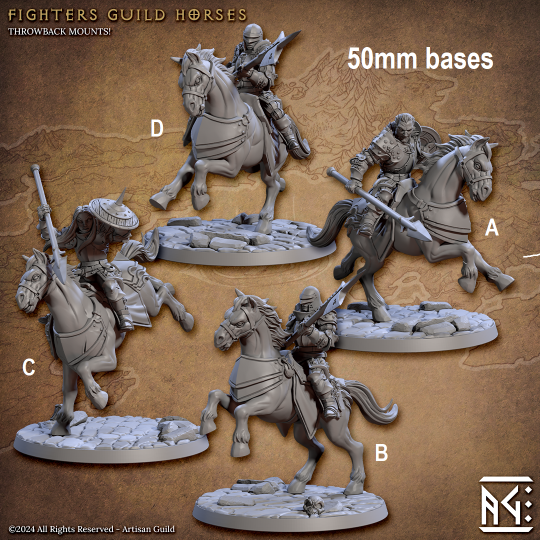 Image shows 3D renders of four different options for a mounted fighter on horseback gaming miniature