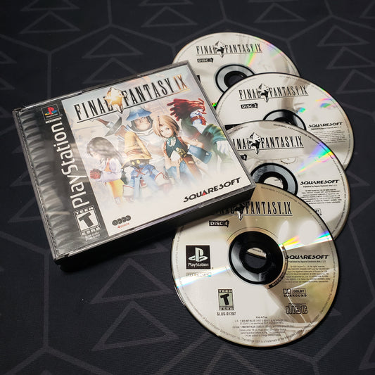 Image shows the jewel case and four discs for the video game Final Fantasy IX for Playstation 1