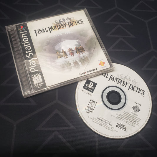 Image shows the jewel case with manual and disc for the video game Final Fantasy Tactics for Playstation 1