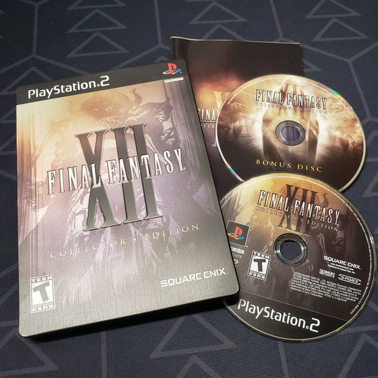 Image shows the steelbook case, manual and two discs for the video game Final Fantasy XII: Collector's Edition for Playstation 2
