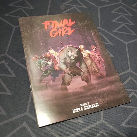 Image shows the front cover of the Series 2 Lore & Scenario Book for the solo board game Final Girl