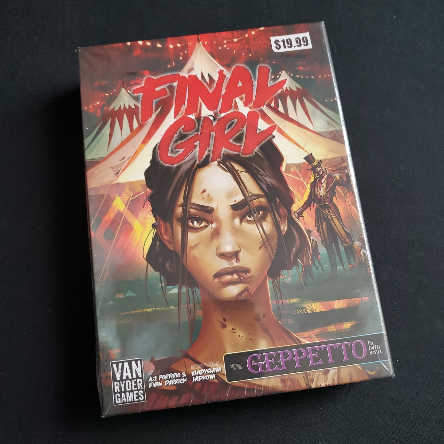 Image shows the front of the box for the Carnage at the Carnival expansion for the board game Final Girl