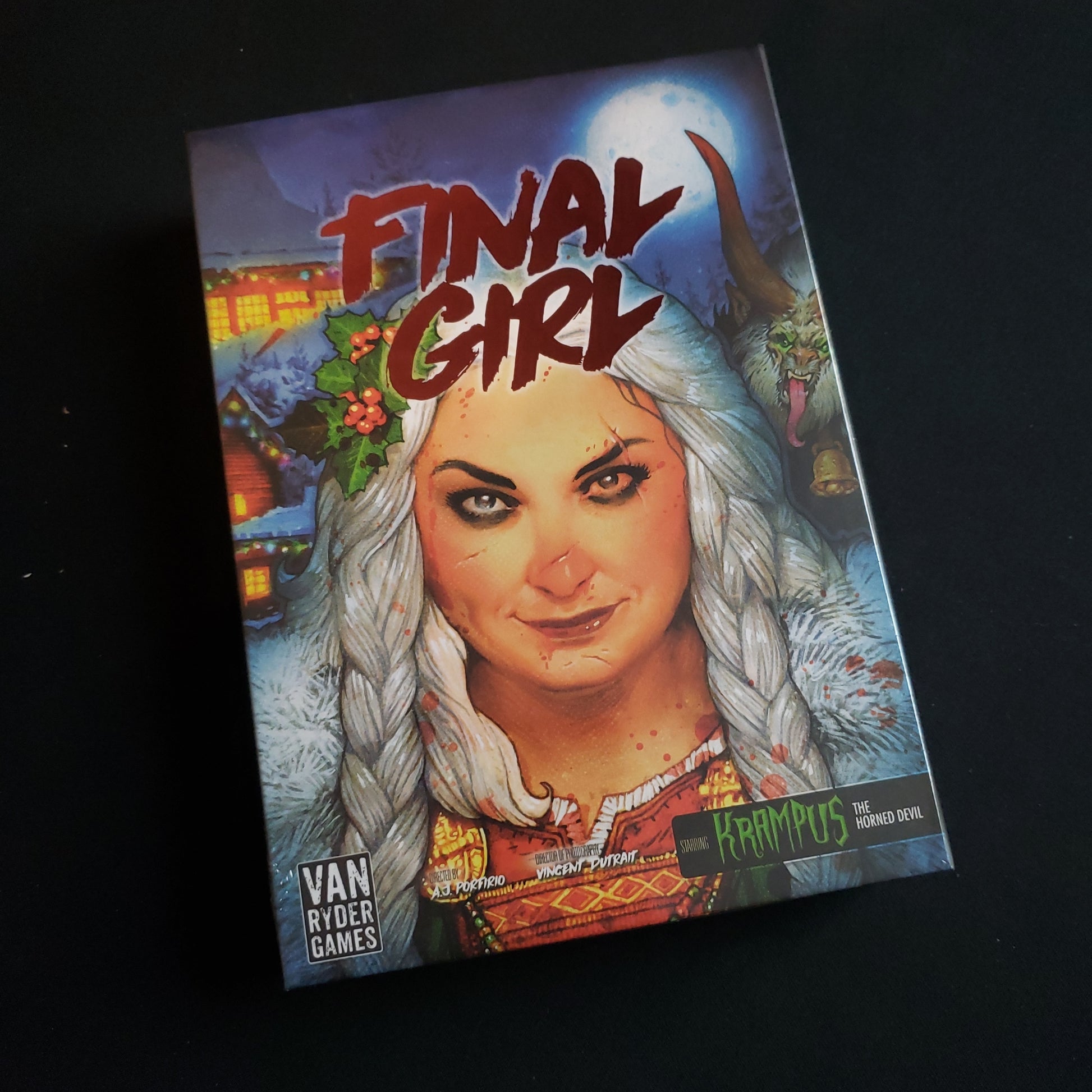 Image shows the front of the box for the North Pole Nightmare expansion for the board game Final Girl