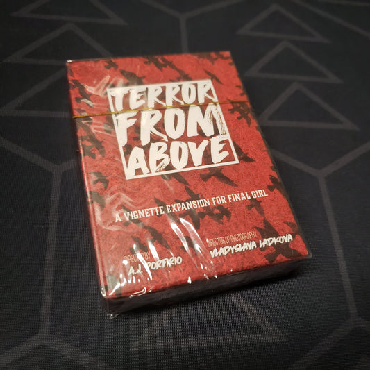 Image shows the front cover of the box of the Terror From Above expansion for the board game Final Girl