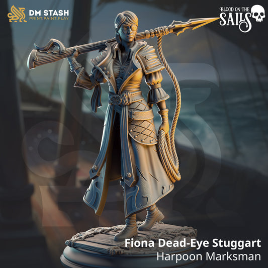 Image shows a 3D render of a human sharpshooter gaming miniature holding a harpoon gun on her shoulder