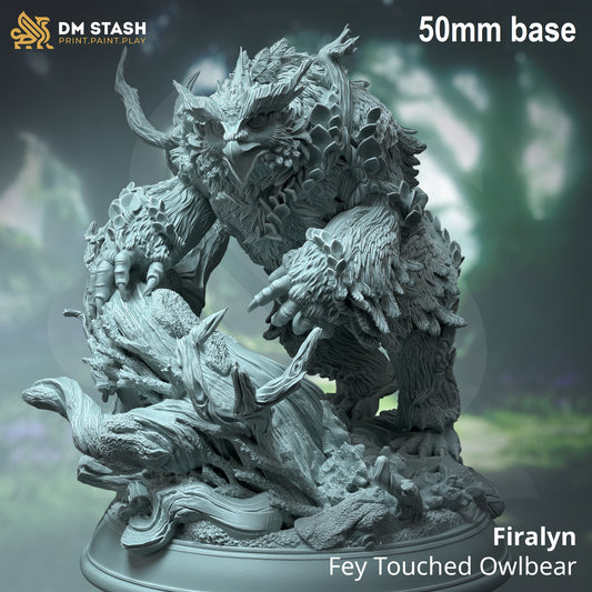 Image shows a 3D render or an owlbear gaming miniature reared up on a twisted stump