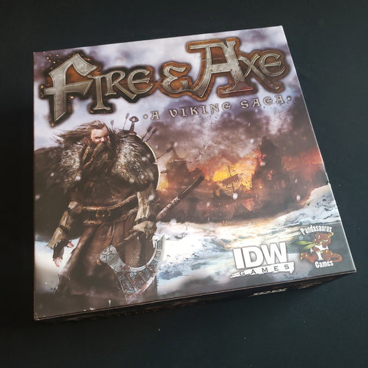 Image shows the front cover of the box of the Fire & Axe: A Viking Saga board game