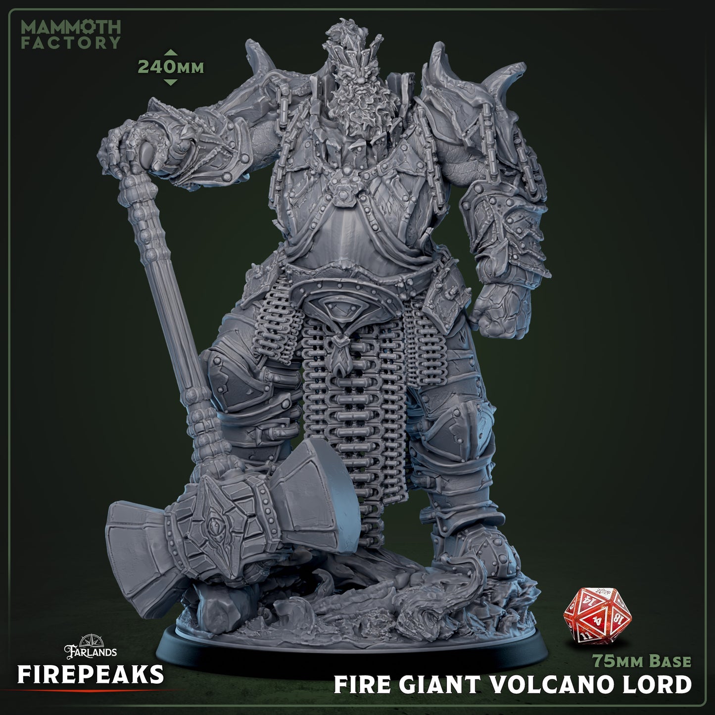 Image shows a 3D render of a fire giant gaming miniature holding a hammer