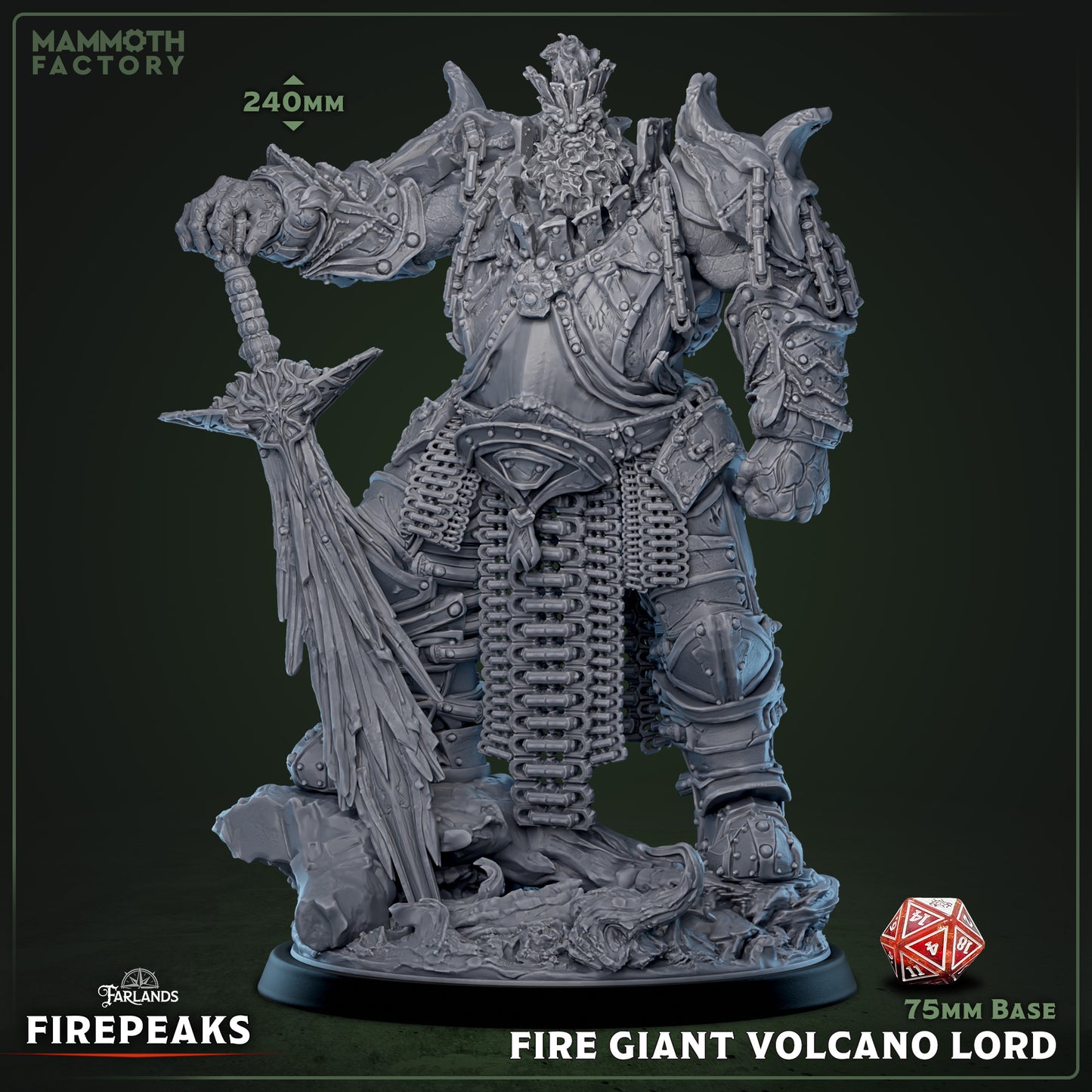 Image shows a 3D render of a fire giant gaming miniature holding a sword