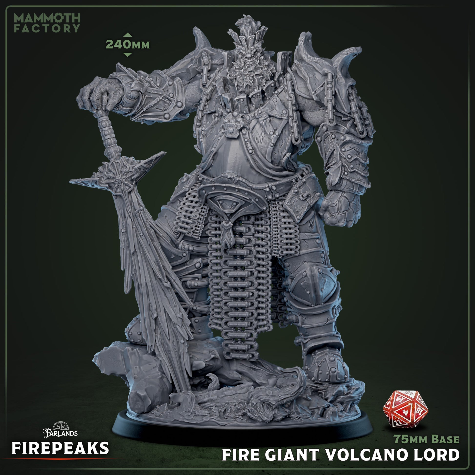 Image shows a 3D render of a fire giant gaming miniature holding a sword