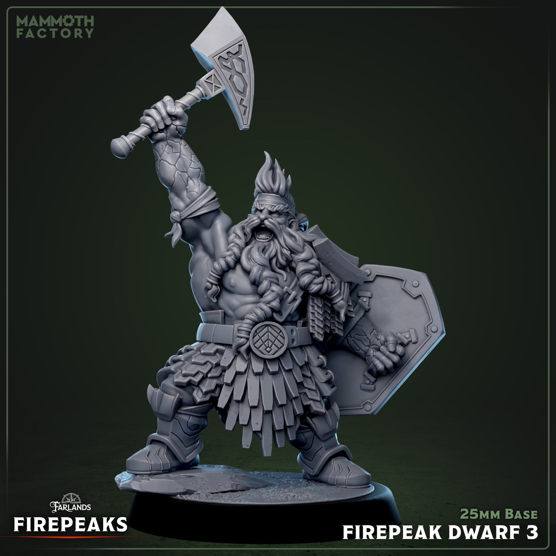 Image shows a 3D render of a dwarf barbarian gaming miniature.