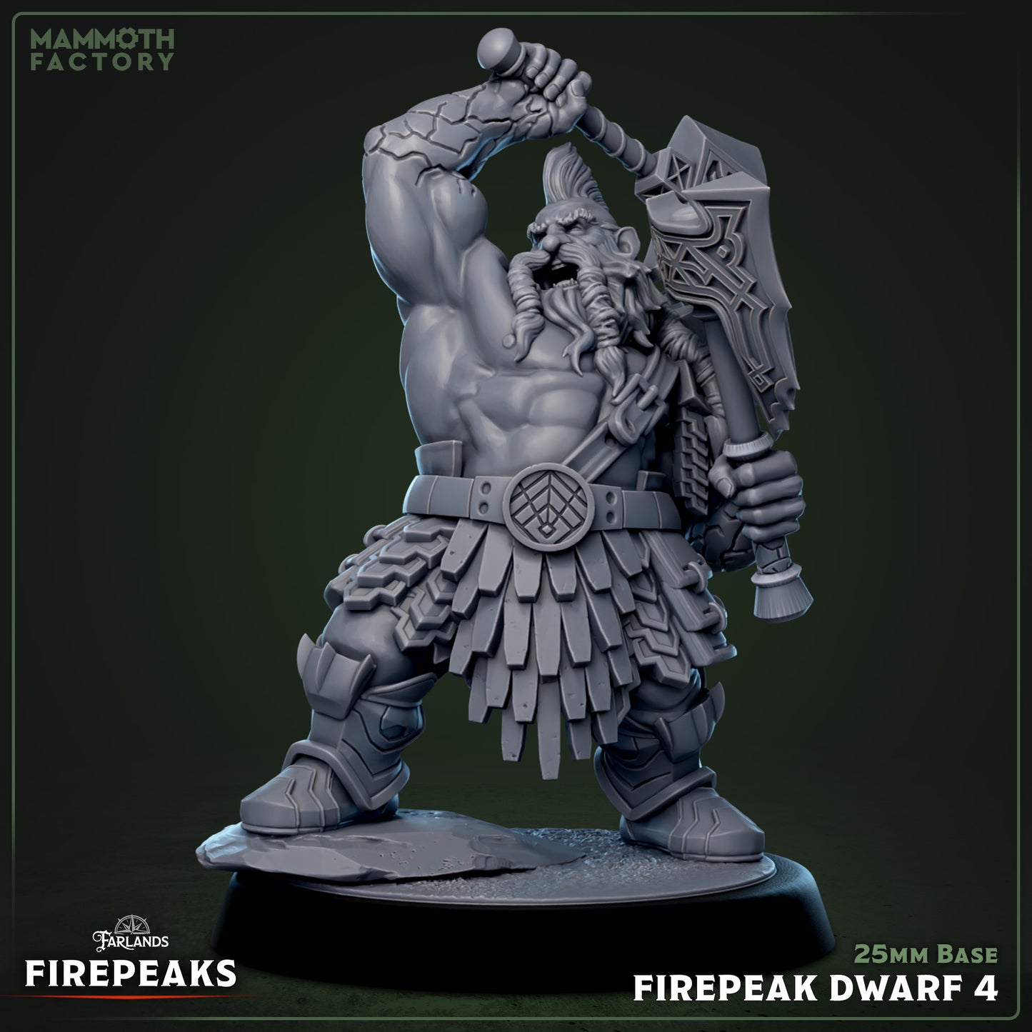 Image shows a 3D render of a dwarf barbarian gaming miniature.