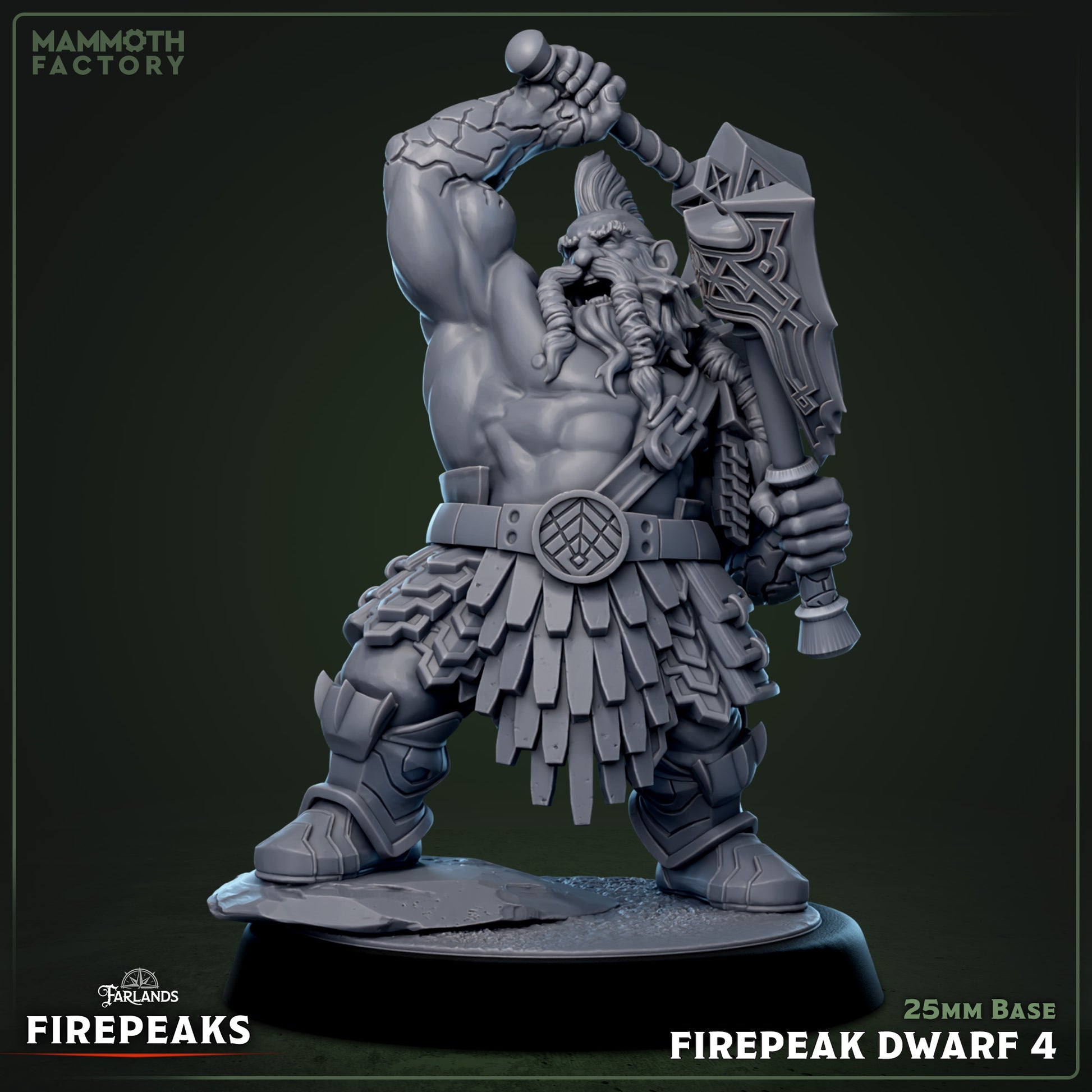 Image shows a 3D render of a dwarf barbarian gaming miniature.