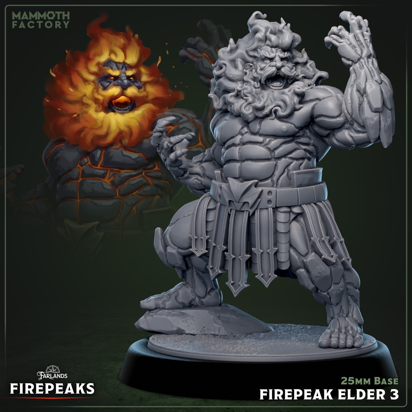 Image shows a 3D render of a fire dwarf grappler gaming miniature.