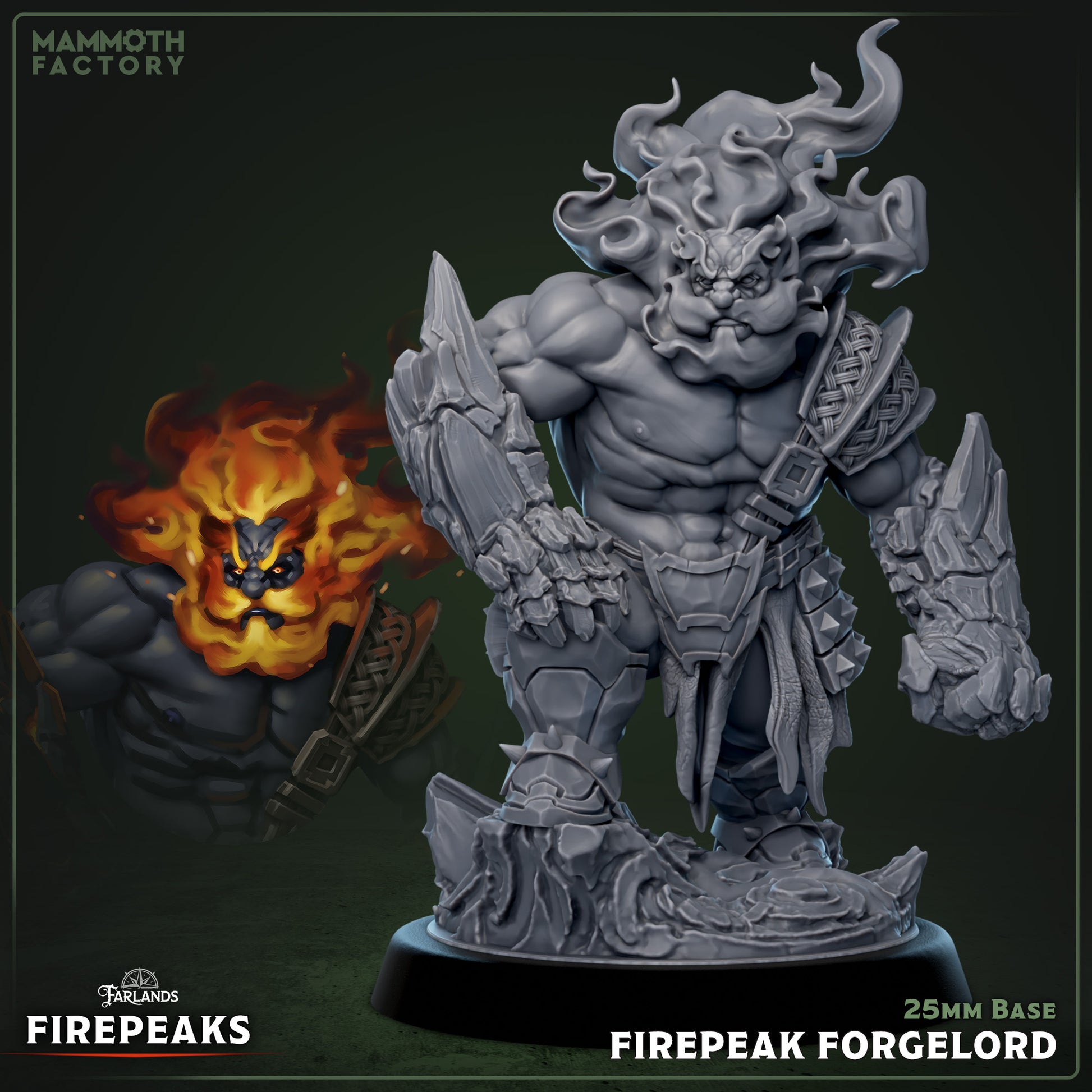 Image shows a 3D render of a fire dwarf grappler gaming miniature.