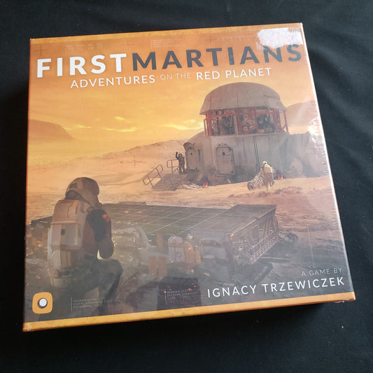 Image shows the front cover of the box of the First Martians board game