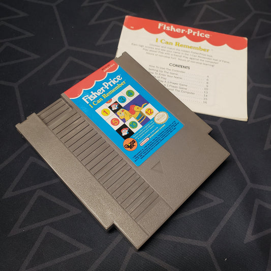Image shows the front of the cartridge & the manual for the video game Fisher Price: I Can Remember for the Nintendo Entertainment System
