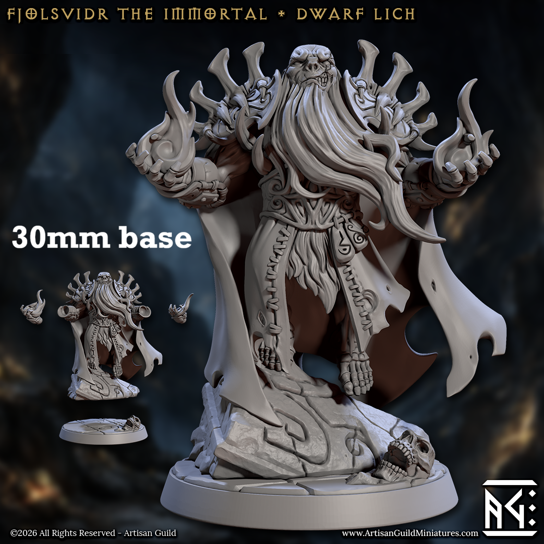 Image shows a 3D render of a dwarf lich gaming miniature.