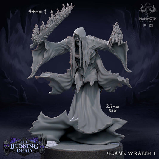 Image shows a 3D render of a wraith on fire gaming miniature