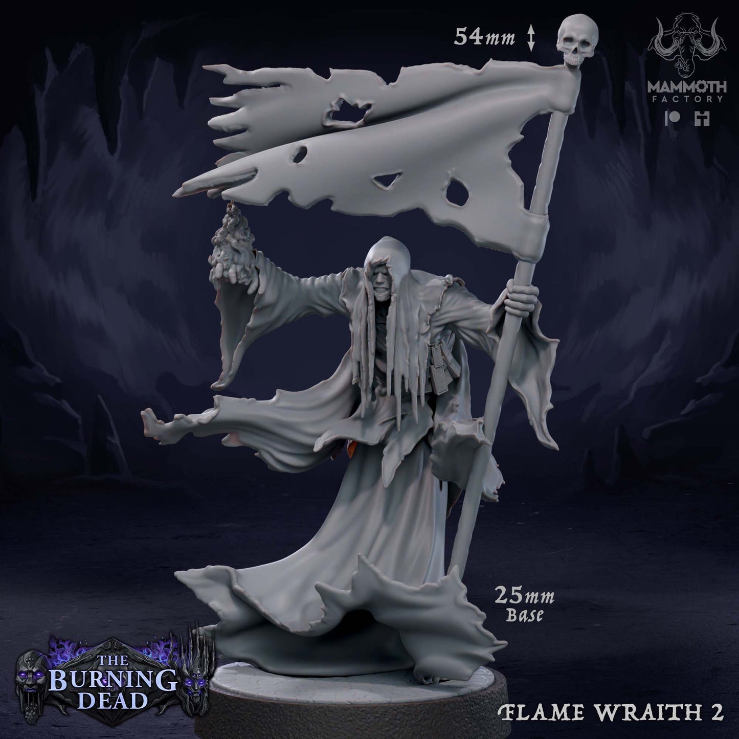 Image shows a 3D render of a wraith on fire gaming miniature.