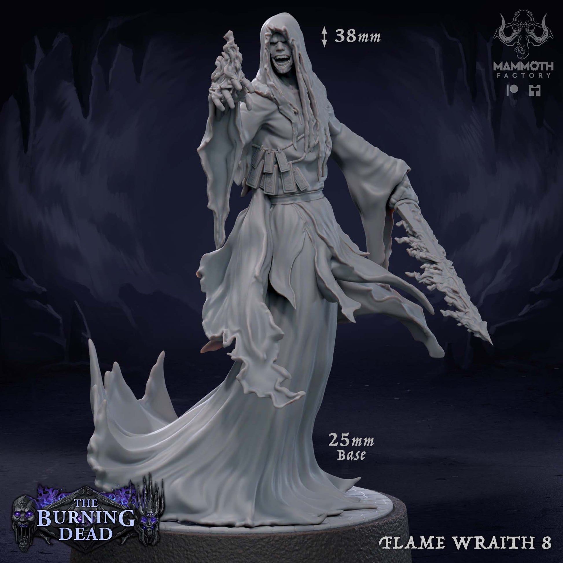 Image shows a 3D render of a wraith on fire gaming miniature.