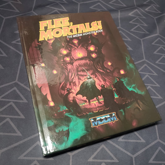 Image shows the front cover of the Flee, Mortals!: The MCDM Monster Book roleplaying game book