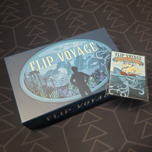 Image shows the front cover of the box for the Flip Voyage board game with the mini-expansion pack sitting on top of it