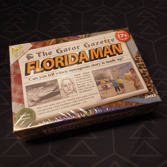 Image shows the front cover of the box of the Florida Man card game
