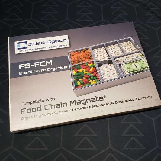 Image shows the front cover of the box for the Folded Space Insert for the board game Food Chain Magnate