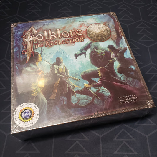 Image shows the front cover of the box of the board game Folklore: The Affliction