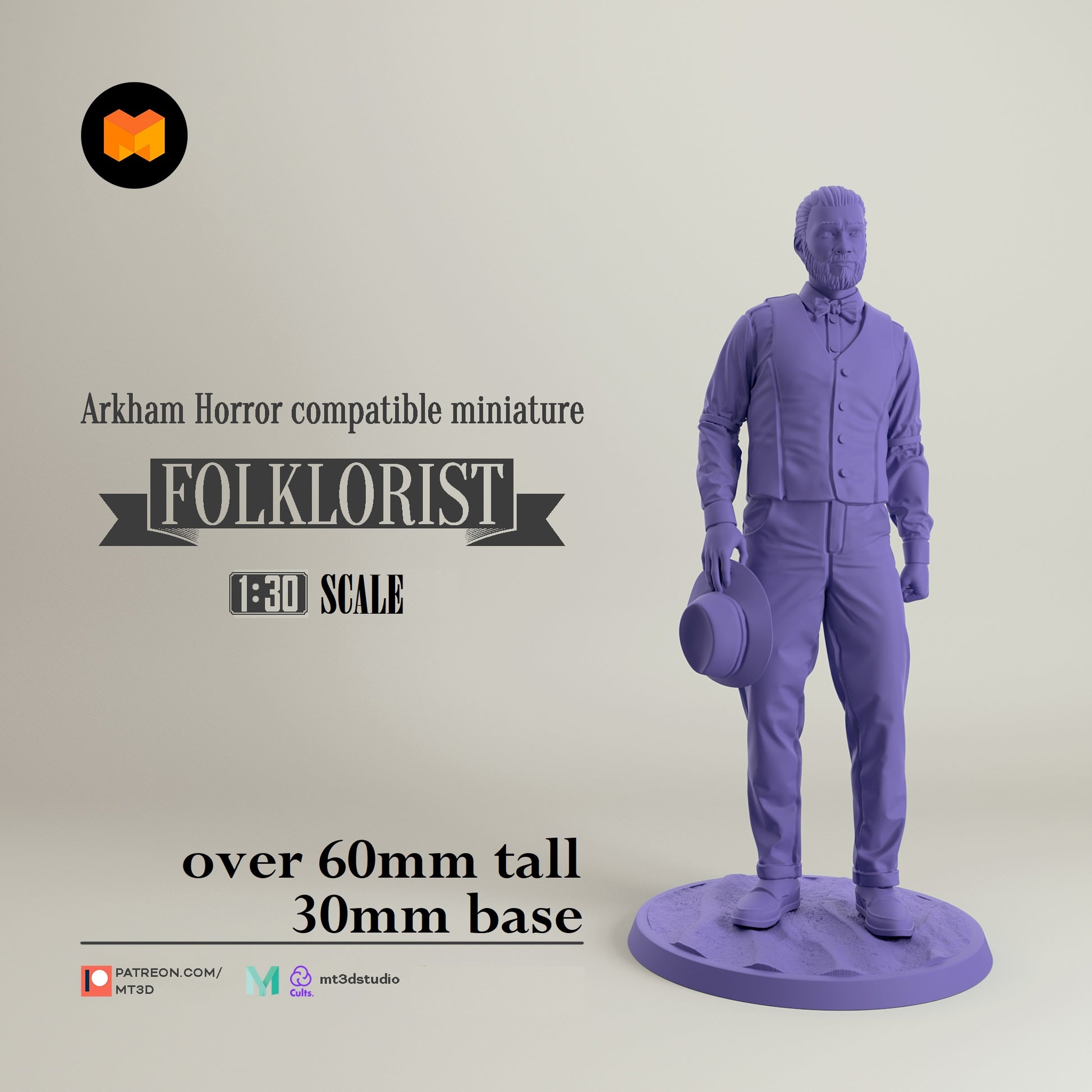 Image shows a 3D render of a scholarly folklorist gaming miniature