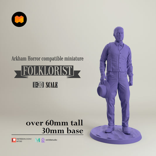 Image shows a 3D render of a scholarly folklorist gaming miniature