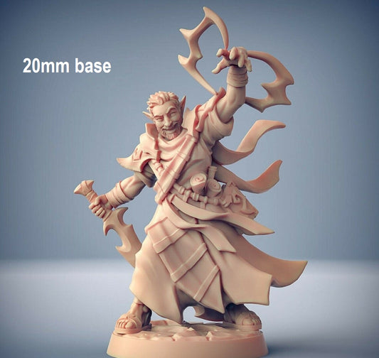 Image shows an 3D render of a firbolg wizard gaming miniature holding a sword with one hand and casting magic with the other