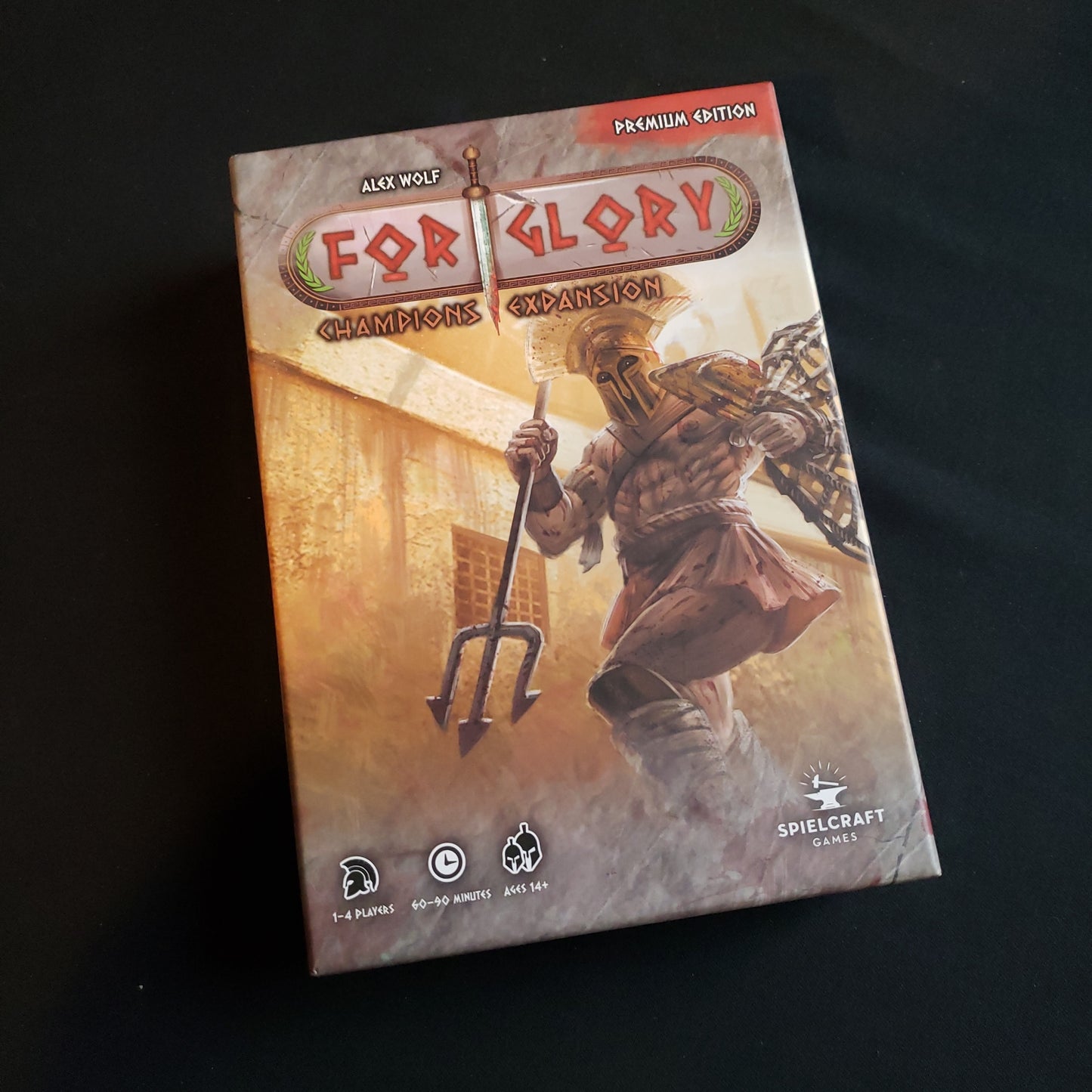 Image shows the front cover of the box of the Champions expansion for the card game For Glory