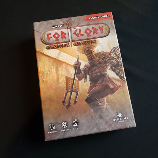 Image shows the front cover of the box of the Champions expansion for the card game For Glory