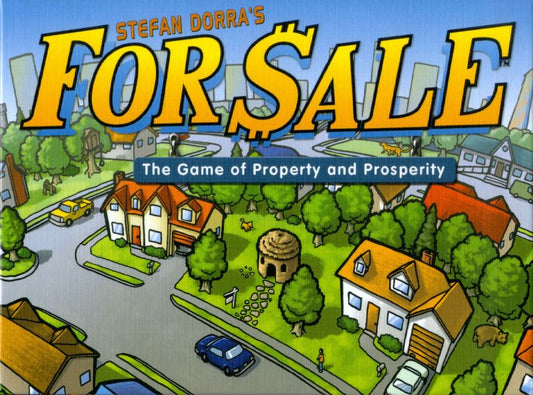 Image shows the front cover of the box for the For Sale card game